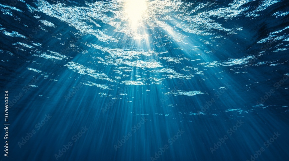 Poster sunbeams penetrate the surface of the ocean, creating a mesmerizing underwater scene.