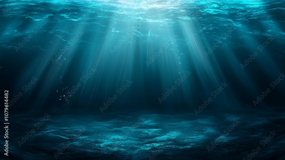 Poster A close-up underwater shot of light beams shining down on a dark seabed with a few bubbles floating up.