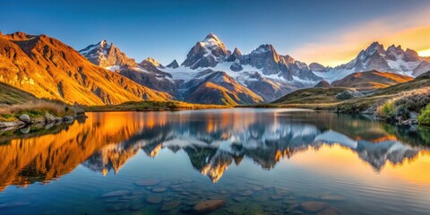 Fototapeta premium Sunrise over Lac Guichard with Arves massif and lake reflection in autumn at Aiguilles d'Arves, French Alps