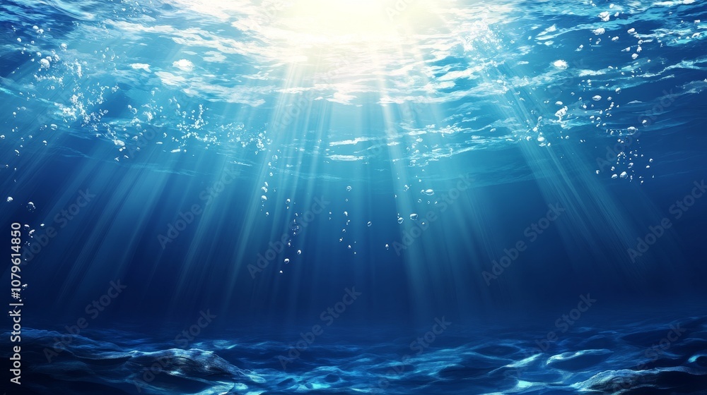 Poster underwater scene with light rays and bubbles.