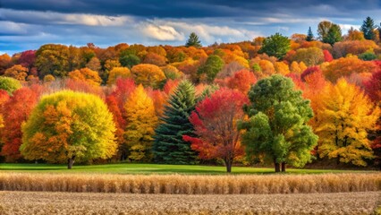 Beautiful autumn scene with red, yellow, and green trees at the edge of a cornfield, autumn, fall colors, trees, harvest, cornfield
