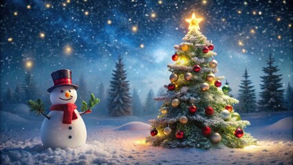 Obraz premium Enchanting winter night with festive Christmas tree snowman , Winter, night, Christmas, holiday, enchanting, festive, tree