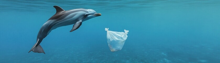Obraz premium A dolphin swims near a plastic bag in clear water, highlighting ocean pollution.