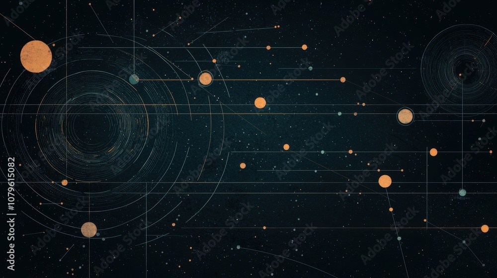 Poster abstract galactic design with circles and lines on dark background