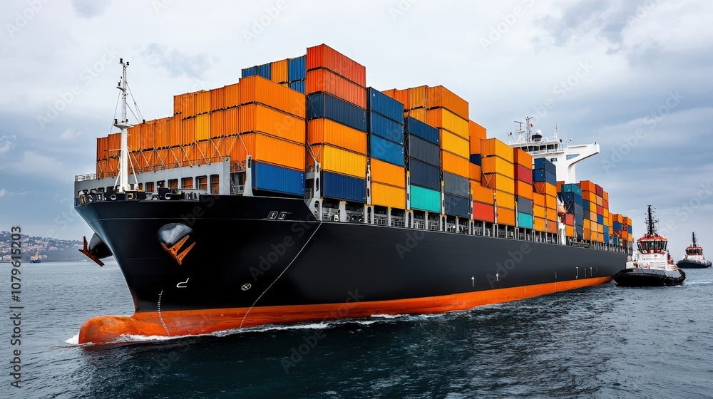 Poster cargo ship navigating with colorful containers in a busy port