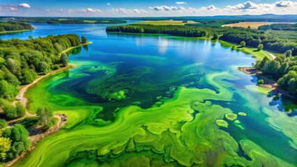 Fototapeta premium Aerial view of a massive bloom of algae in a lake, fluid, organic pattern with vibrant greens and blues, algae, bloom, lake