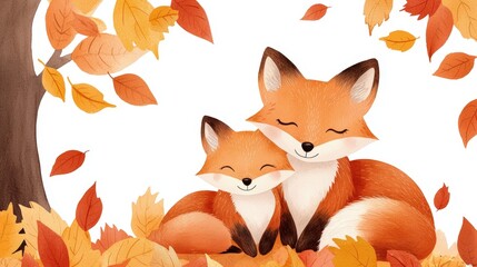 Fototapeta premium Charming autumn foxes resting together amidst falling leaves