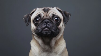 Playful pug standing against a grey backdrop Charming portrait of a small pug with delightful wrinkles Cute close up of an adorable pug dog