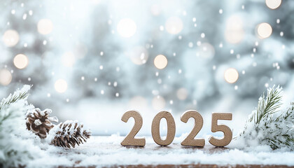 Festive new year 2025 scene with snow-covered pine cones, bokeh lights, and holiday ambiance on a winter background
