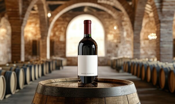 Sophisticated setting: empty label wine bottle against barrels in grand room with arched ceilings, minimalist design that highlights beauty of simplicity and allure of fine beverages.
