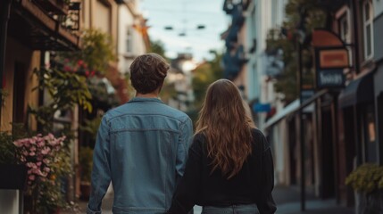 Obraz premium Young couple in love hand in hand strolling together down the street captured from behind