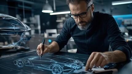 German man designing car prototype in modern workshop technical review creative environment close-up view for automotive innovation