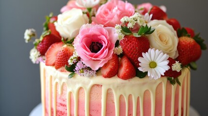 Elegant Strawberry Drip Cake Decorated with Fresh Flowers for a Beautiful Dessert Display