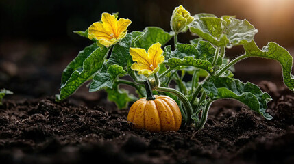 Vibrant pumpkin budding with blossoms in sunlit garden