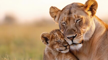 Obraz premium Tender lioness embrace: heartwarming bond between mother and cub