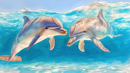 Obraz premium Playful dolphins swimming in vibrant ocean waters