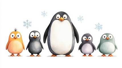 Naklejka premium Cute penguin family with diverse colors and snowflakes