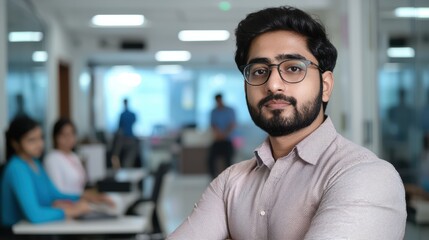 Obraz premium Startup founder leading digital innovation india professional portrait office environment focused perspective determined concept