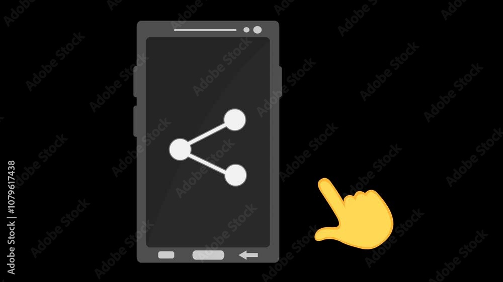 Poster video animation yellow hand tapping on share icon on a mobile phone device, on a transparent backgro