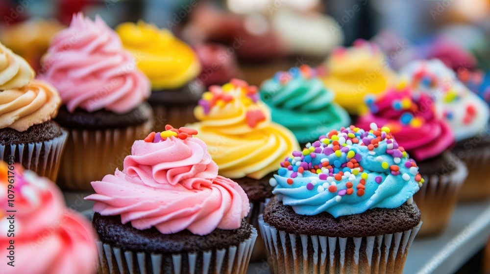 Poster vibrant cupcakes displayed at a festive market featuring an array of colorful toppings and decoratio