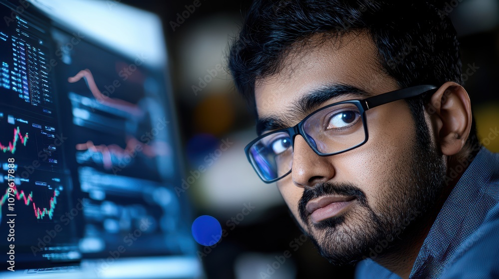 Poster data scientist analyzing algorithms modern office professional portrait dimly lit environment close-