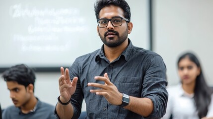 Indian man teaching software development in classroom urban environment interactive learning session engaging viewpoint technology focus