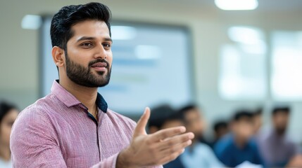 Teaching software development to students in a classroom indian man engaging with learners educational environment