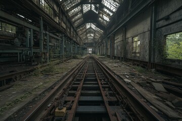 Obraz premium Abandoned industrial space with overgrown vegetation and rusty railway tracks.