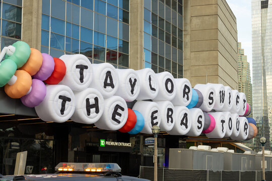 Toronto Canada, November 13, 2024; Angle view of the Friendship bracelet inspired sign over the entrance to the Rogers Centre in Toronto for the Taylor Swift Eras Tour concert