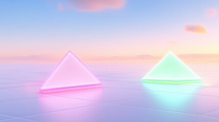 Neon triangles on reflective surface against pastel sunset sky