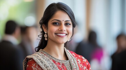 Confident indian woman coordinating corporate event in urban venue professional networking environment engaging perspective