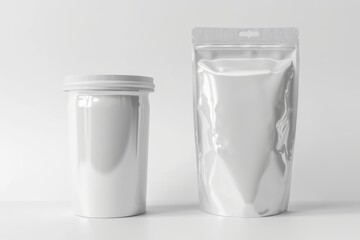 White cylindrical jar and stand up pouch with hanging hole mockup on white background.
