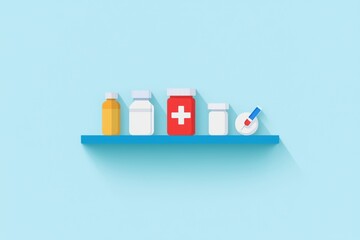 Illustrative Image of a Healthcare Shelf Displaying Various Medical Items for Inventory System Uses in a Light Blue Environment