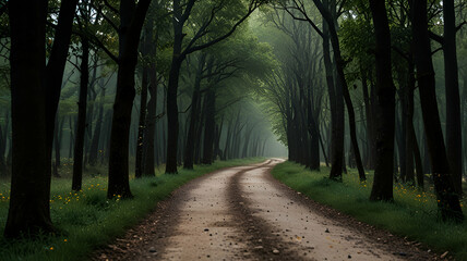 Obraz premium camino Pista forestal (camino carretera) en un bosque al amanecer con el sol entre los árboles forest background, 