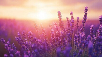 Softly focused lavender flowers at sunset create a blooming landscape This fragrant violet herb is essential for harvesting perfume production and aromatherapy