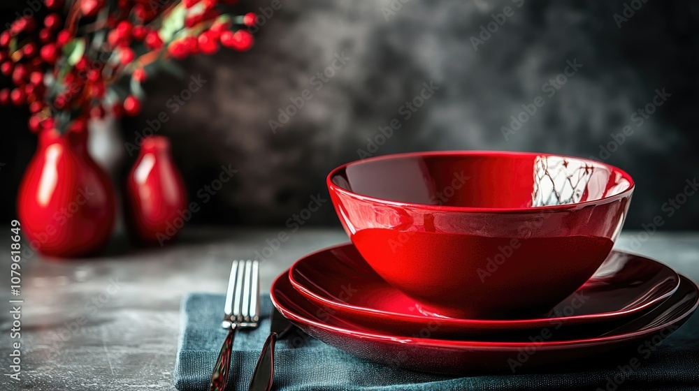 Poster sophisticated red dishware on a table featuring an elegant backdrop and cutlery creating an empty di