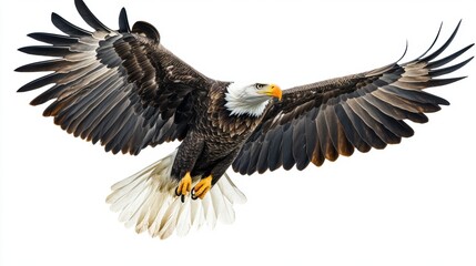 Obraz premium Majestic eagle soaring with wings spread wide against a white background.