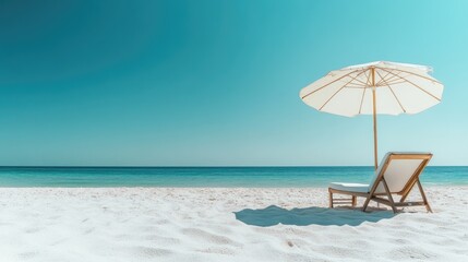 Obraz premium A white beach umbrella and a cozy outdoor lounge chair set on soft sand bathed in sunlight beneath a clear blue sky