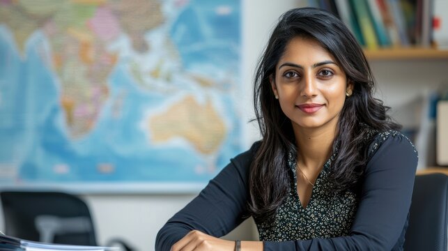 Professional indian woman travel agent assisting customers in modern office environment with world map background