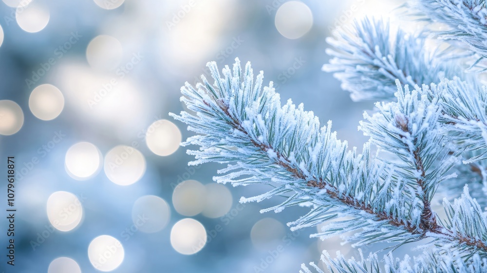 Aufkleber close up of frosted pine branches set against a bokeh light backdrop creating a tranquil winter ambi