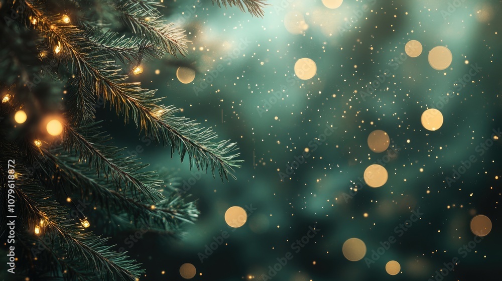Poster festive backdrop featuring green fir tree branches adorned with bokeh lights