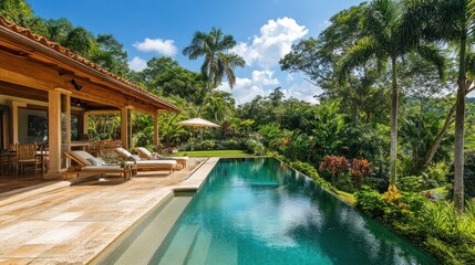 Tropical luxury backyard with infinity pool, lush garden, and cozy cabana 
