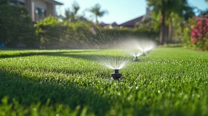 Advanced sprinkler system irrigating a lush green lawn with multiple units in operation