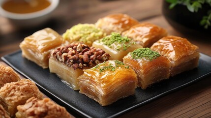 Fototapeta premium Assorted traditional honey desserts featuring baklava made with layer dough nuts and sweet syrup presented on a black plate or wooden surface