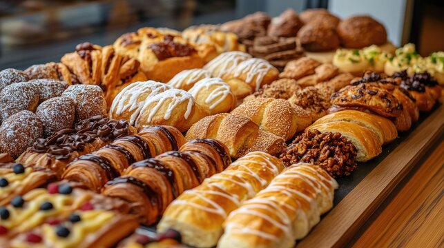 Assorted pastries and breads beautifully arranged on a tray displayed for sale in a bakery Fresh sweet treats and baked goods showcased in a tempting display