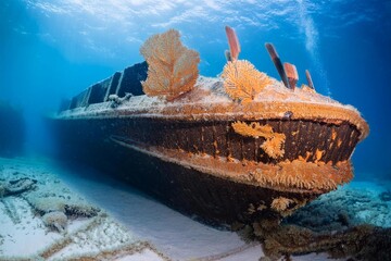 A Shipwreck on the Ocean Floor, Where the Remains of the Ship Are Covered in Coral and Seaweed