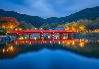 Fototapeta premium A red bridge over the river in front of Nigahama Park, autumn foliage, colorful trees, night lights reflecting on the water, a tranquil atmosphere, 