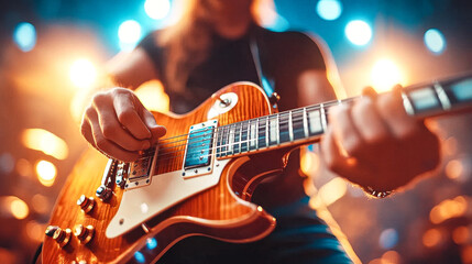 Obraz premium Rock Star Guitar Solo: Close-up shot of a musician passionately playing an electric guitar on stage, bathed in vibrant stage lights. The energy and emotion are palpable. 
