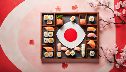 The  sushi pieces arranged in a food tray to form the Japanese flag , decorated with elements reflecting Japanese culture, like subtle cherry blossoms, traditional Japanese patterns