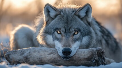 Naklejka premium Intense portrait of a wolf chewing on a large bone with piercing eyes showcasing fierce determination Wildlife photography at its finest